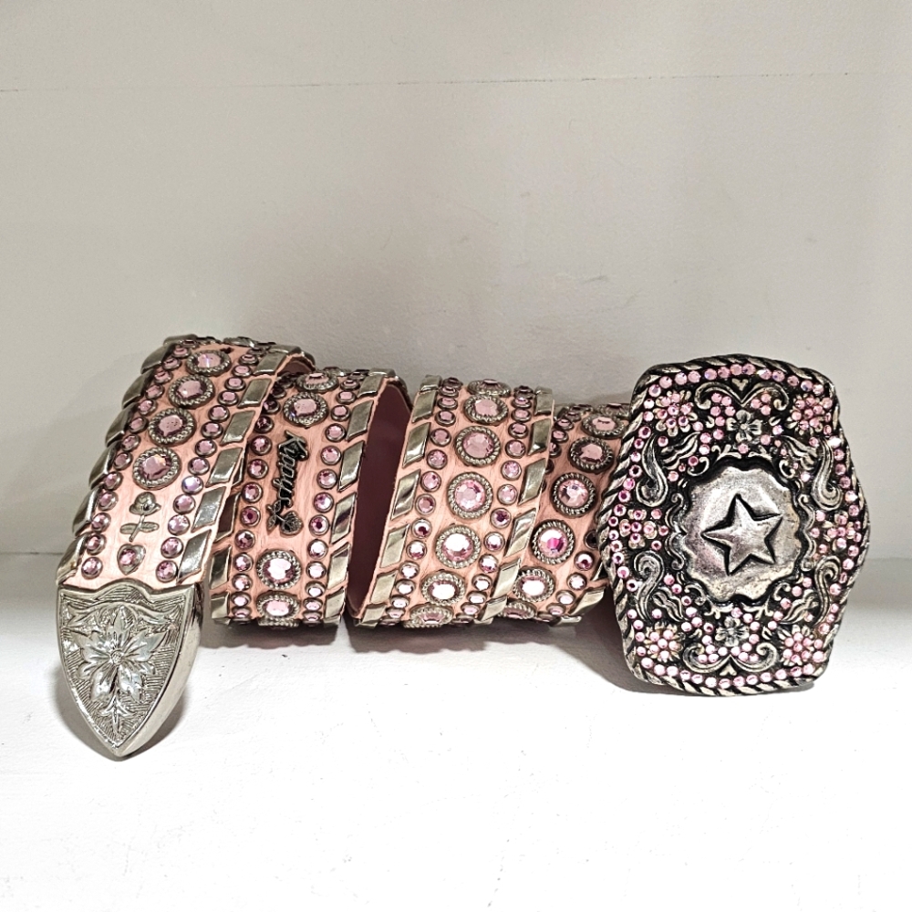 Kippys Vintage Leather Pink Swarovski Crystal Rhinstones Studded buckle  Belt